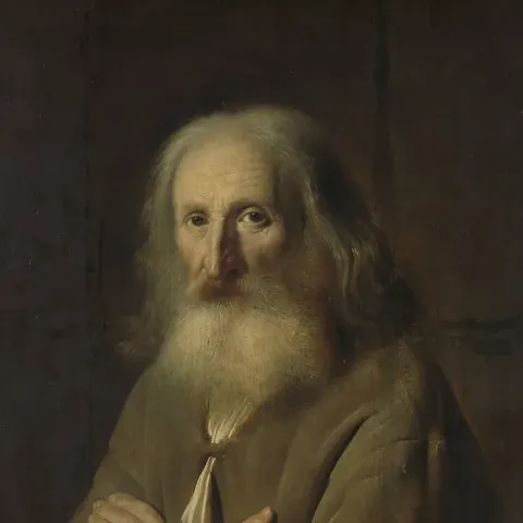 Painted portrait of an old man with folded arms