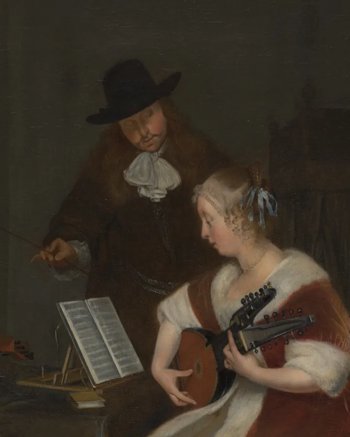Painting of a man in a black hat leaning over a woman playing a lute beside a music stand